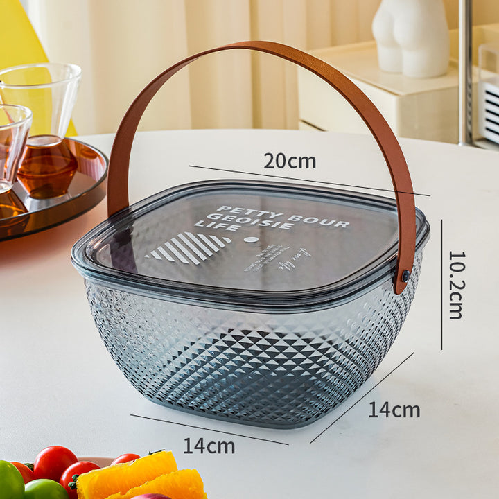Portable food storage box with a tight-sealing lid and faux leather handle
