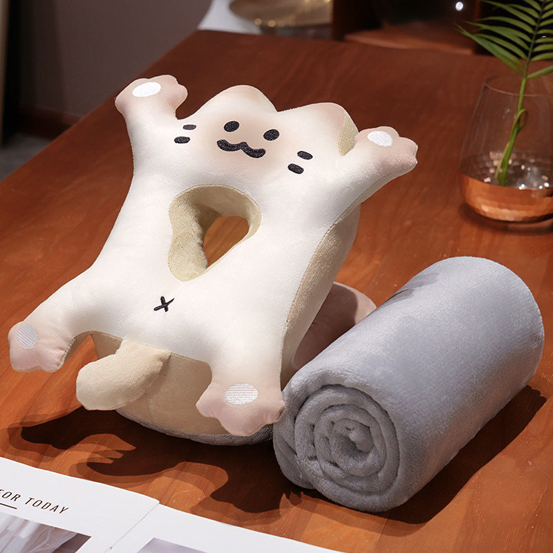 Plush neck pillow with head opening and rollable cuddle blanket set