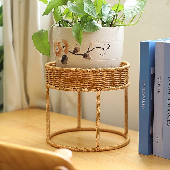 Unisex Modern Plant Stand with Woven Basket and Metal Frame Kalsten