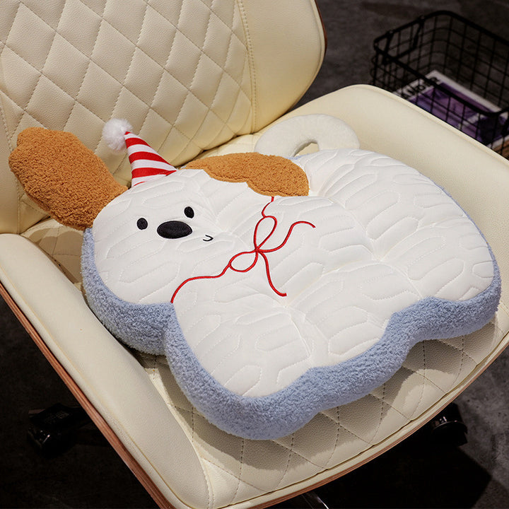 Padded plush dog-shaped cushion with ergonomic seating recess