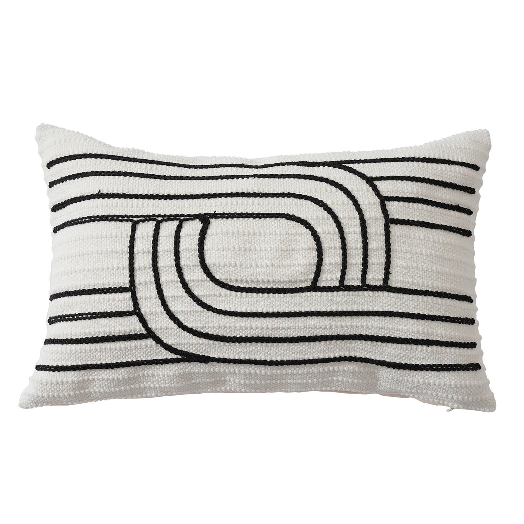Decorative cushion cover with textured embroidery and geometric line motif