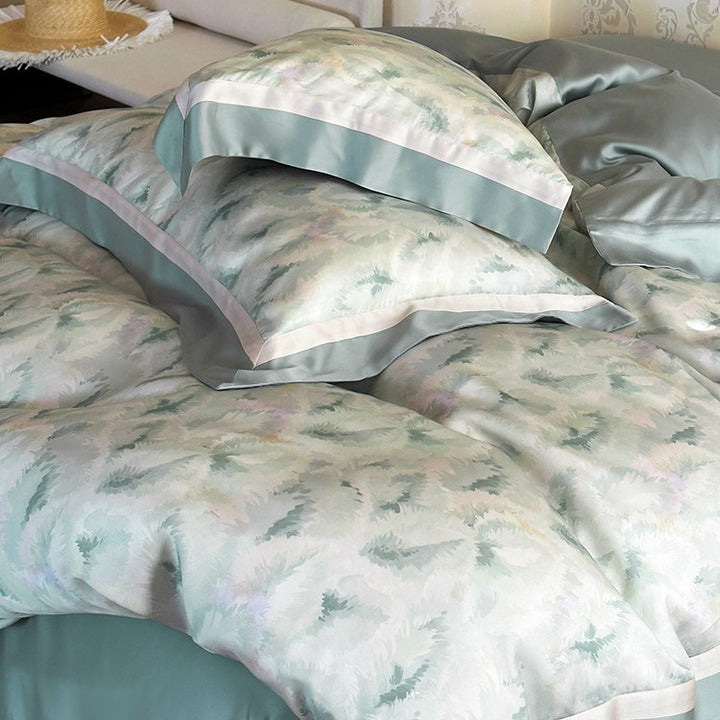 Premium-Duvet cover set made of Mako cotton with watercolor fern pattern and silk matte finish