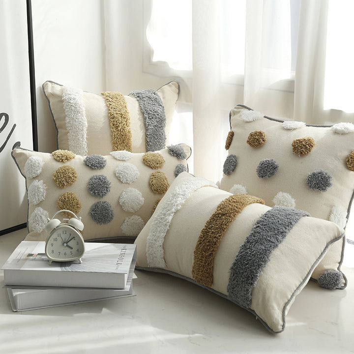 Tufted Polka Dot Textured Cotton Throw Pillow Cover with Pom-Pom Accents and Hidden Zipper