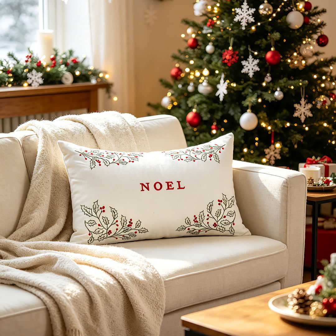 Embroidered Holiday Lumbar Throw Pillow Cover with NOEL Holly Motif