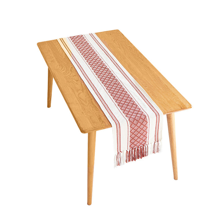 Handwoven cotton table runner with ethnic diamond pattern and fringes Kalsten