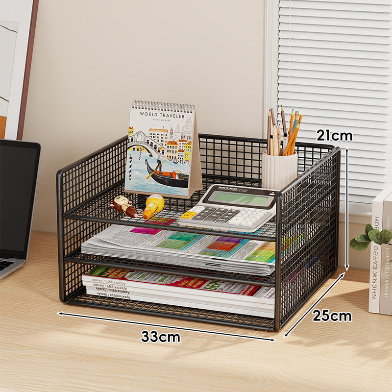 Multi-Tier Metal Mesh Desktop Document and Office Supply Organizer with Pull-Out Trays