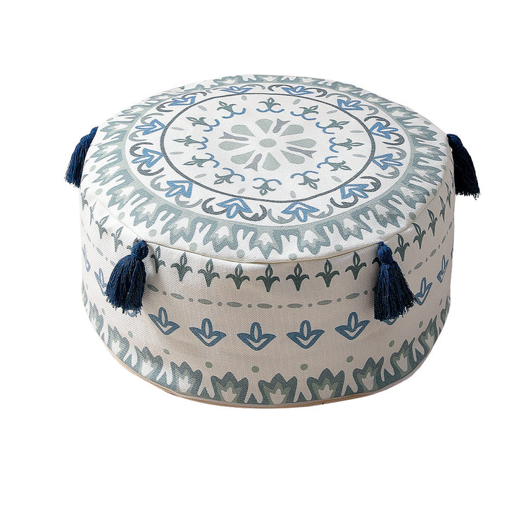 Beef padded seat pouf with ethnic jacquard pattern and sturdy canvas cover