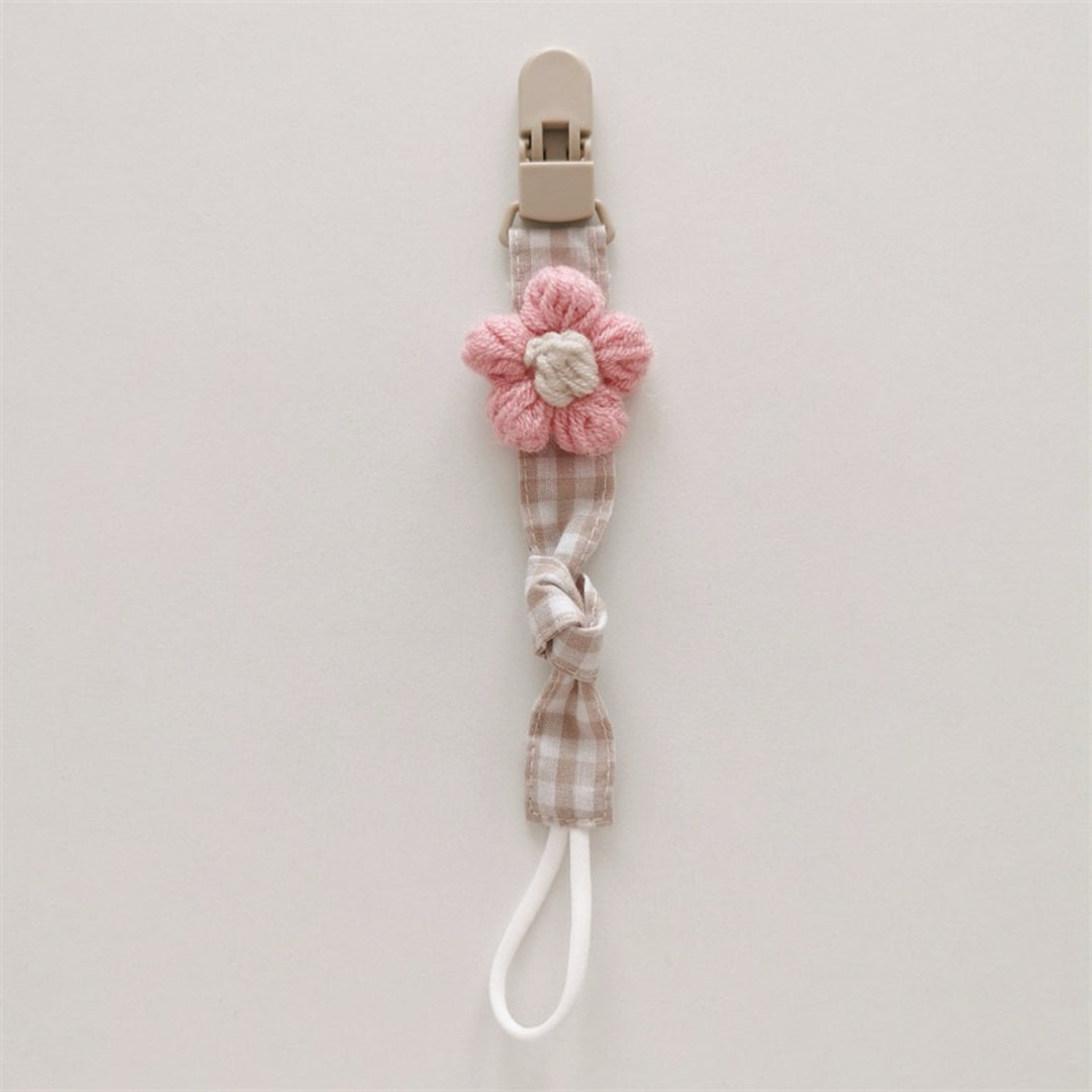 Handmade Cotton Pacifier Clip with Gingham Strap and Knitted Flower