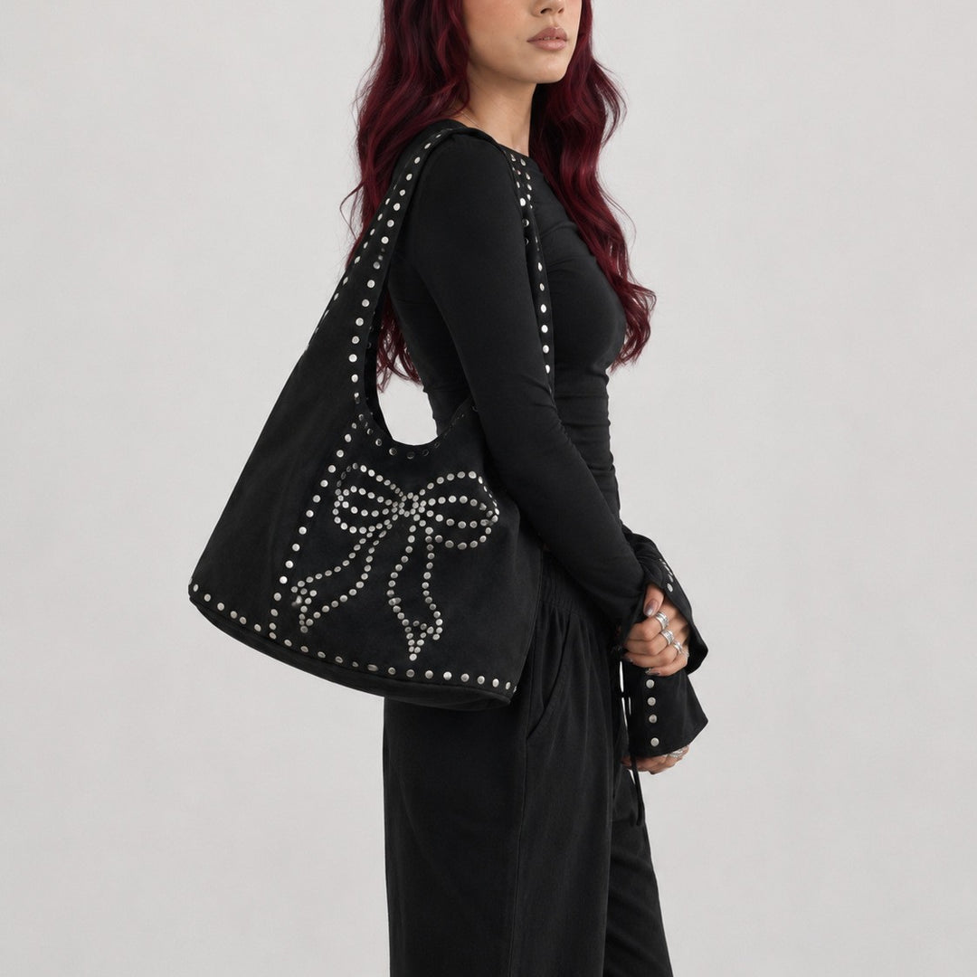 Decorative Studded Suede Hobo Bag