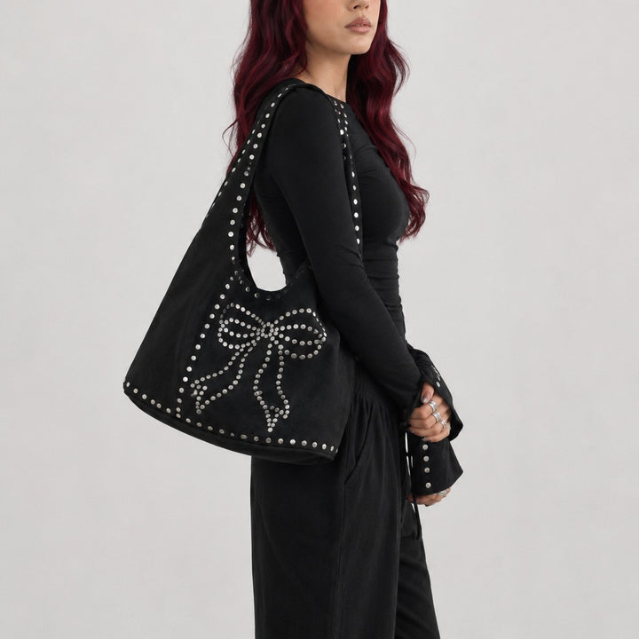 Decorative Studded Suede Hobo Bag