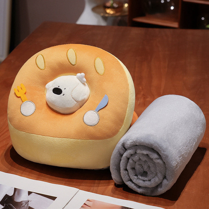 Travel pillow set with ergonomic neck support pillow and integrated microfiber blanket in plush dog design