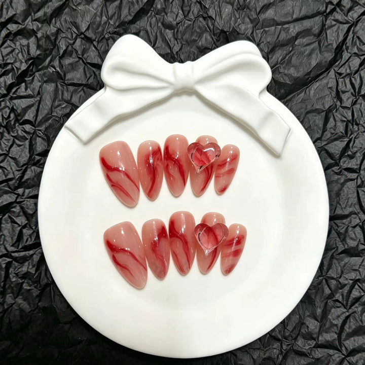 Artistic Marble Press-On Nail Set with Heart Accents