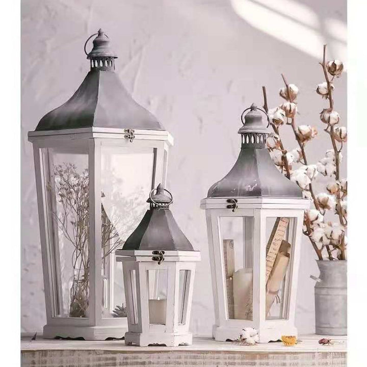Rustic Weathered Wood and Metal Indoor Outdoor Candle Lantern Set Kalsten