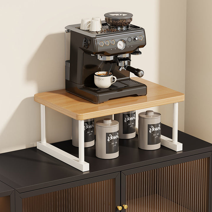 Two-Tier Countertop Coffee Station Shelf Riser with Walnut Top and Metal Frame