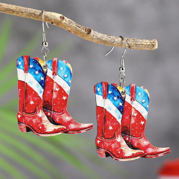 Ladies nan cowboy boots earrings with flag pattern made of lightweight wood Kalsten