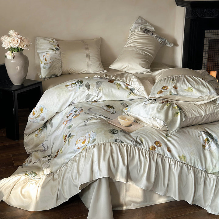 Bedding set made of silky cotton satin with floral watercolor illustration and ruffle