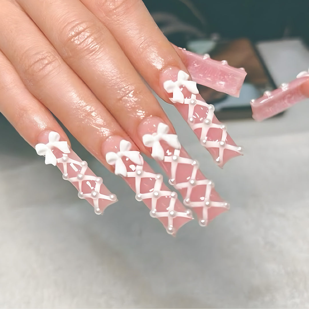 Decorative Press-On Nail Art Extensions with Bow and Pearl Design Kalsten