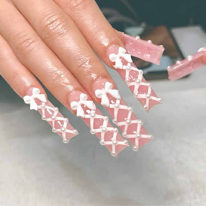 Decorative Press-On Nail Art Extensions with Bow and Pearl Design Kalsten