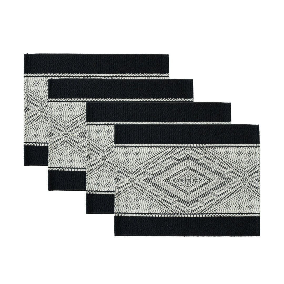 Woven rectangular table mats in a set with ethnic geometric pattern and easy-care cotton blend