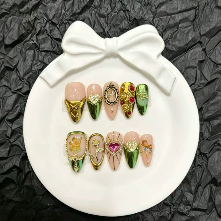 Artistic Press-On Nail Set with Intricate Metallic Accents