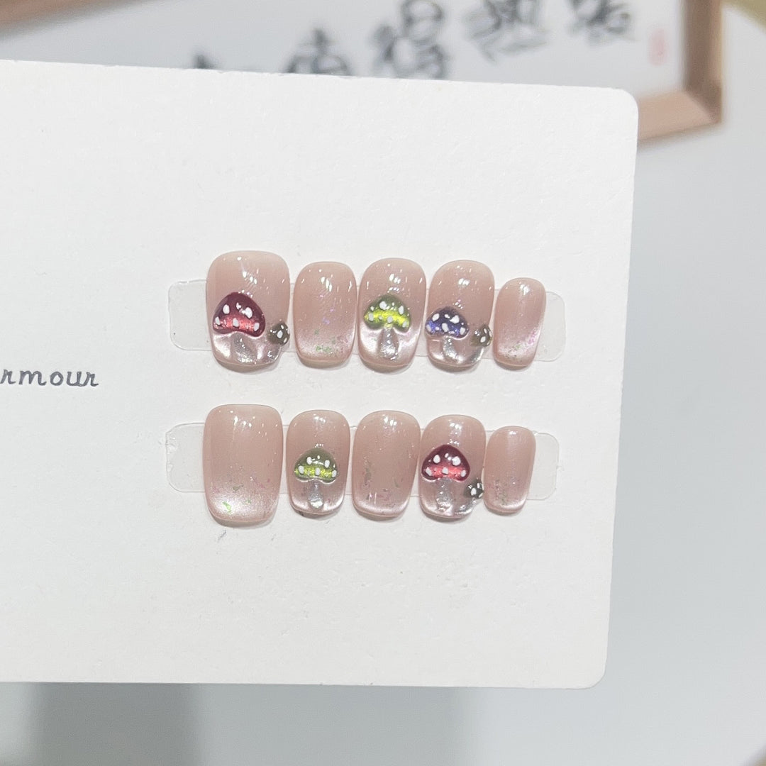 Artistic Press-On Nail Set with Playful Mushroom Designs Kalsten