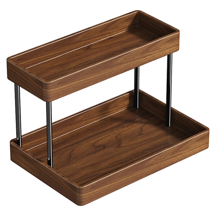 Two-Tier Wooden Vanity Countertop Organizer with Metal Pillars