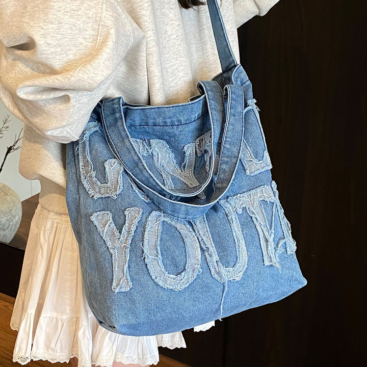Distressed Denim Graphic Tote Bag