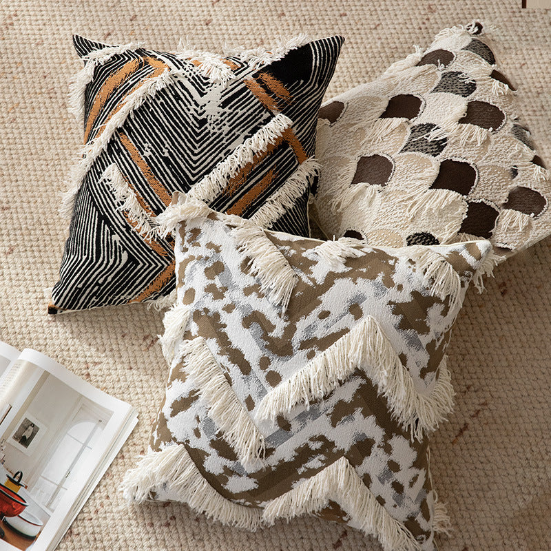 Woven Boho decorative pillow cover with fringes and geometric chevron motif Kalsten