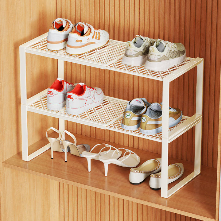 Multi-Tier Metal Mesh Shoe Storage Rack with Open Grid Shelves and Matte Frame