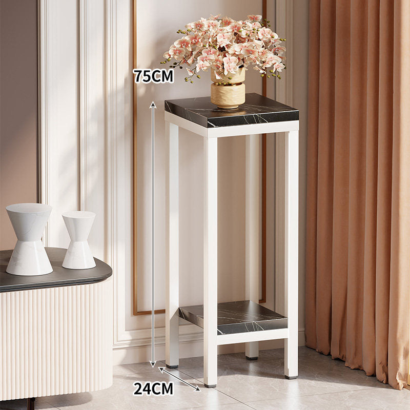 Tall Narrow Marble-Top Plant Stand Side Table with Lower Shelf and Gold Metal Frame