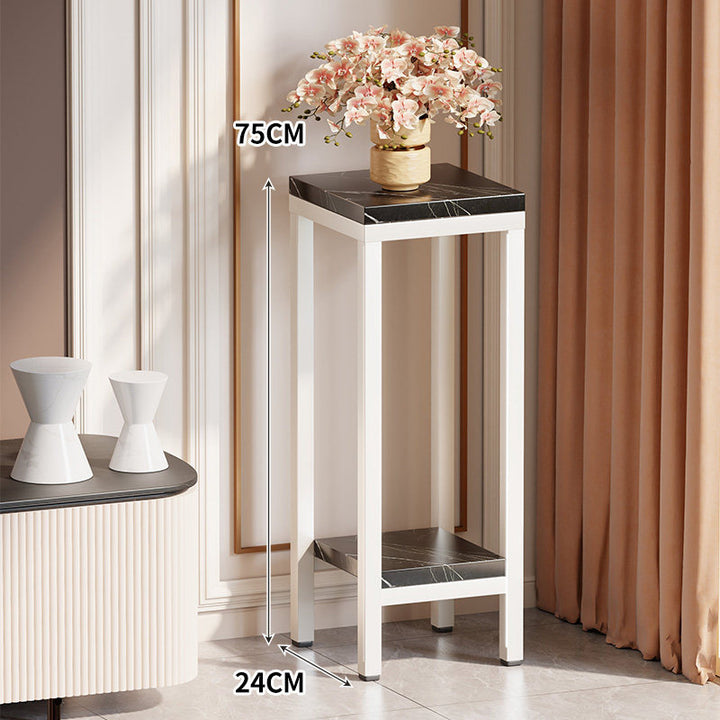 Tall Narrow Marble-Top Plant Stand Side Table with Lower Shelf and Gold Metal Frame