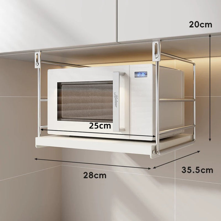 Under-Cabinet Stainless Steel Microwave Shelf with Sliding Tray and Adjustable Hooks