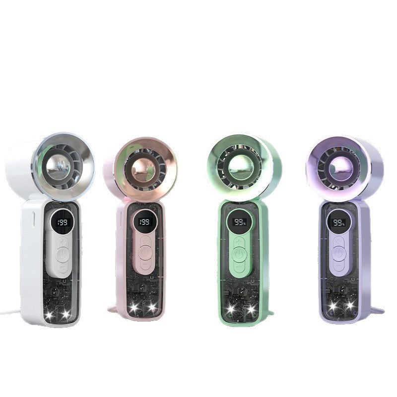 Cooling bladeless micro-turbine handheld fan with OLED battery display and fold-out stand Kalsten