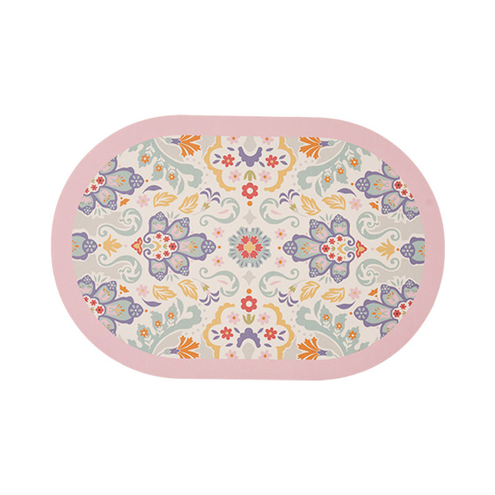 Oval table mat made of wipeable cotton-linen mix with intricate floral print