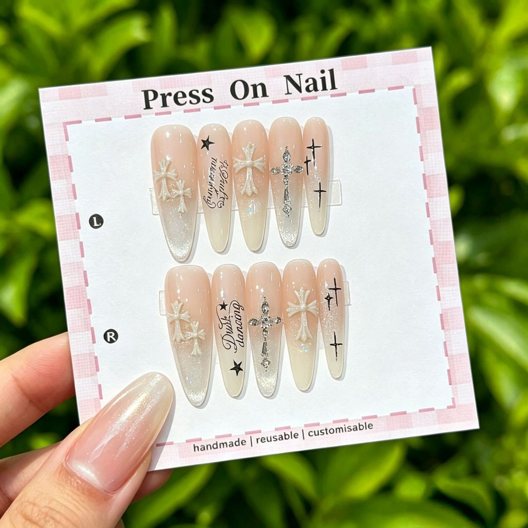 Artistic Press-On Nail Art Set with Star and Floral Accents
