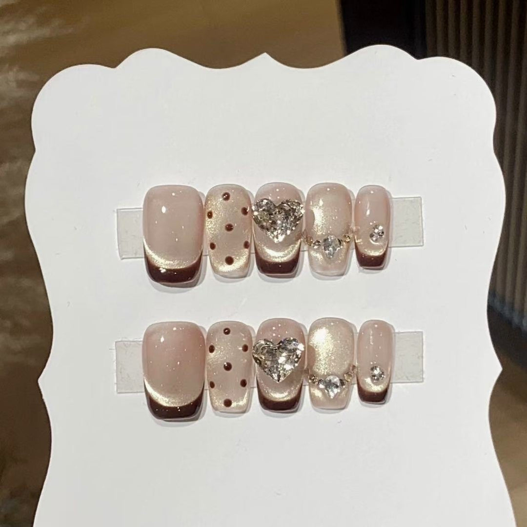 Glamorous Press-On Nail Art Set with Heart and Polka Dot Designs