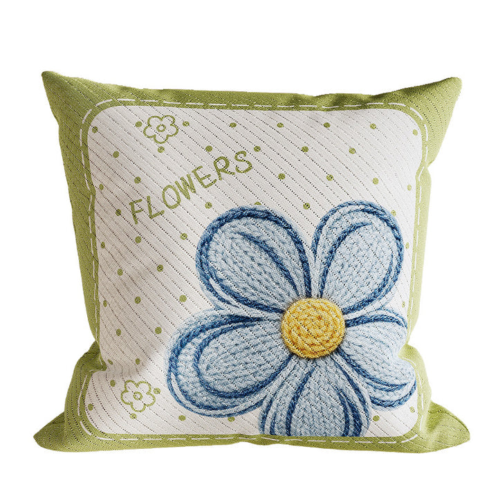 Decorative Embroidered Floral Cotton-Linen Throw Pillow Cover with Diagonal Rib Texture