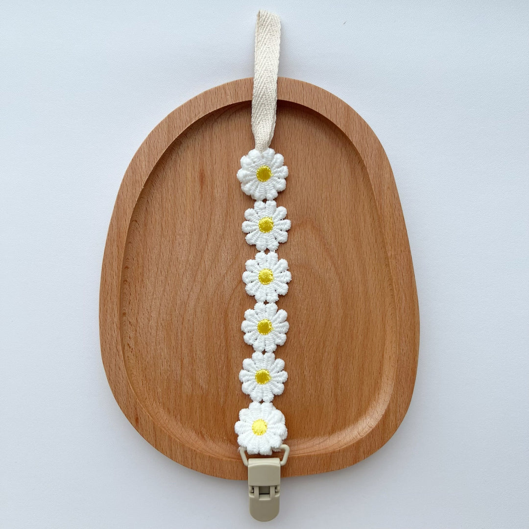 Crochet Daisy Pacifier Clip with Cotton Strap