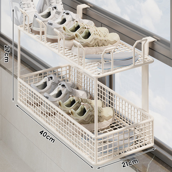 Window-Rail Hanging Shoe Storage Basket with Ventilated Grid and Adjustable Clamp Hooks