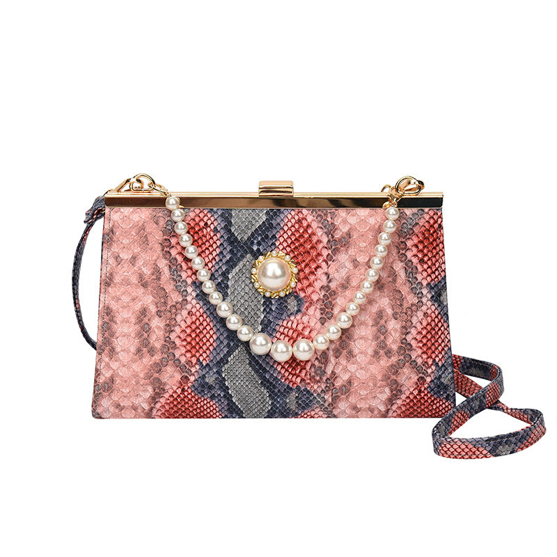 Elegant Pearl-Embellished Snakeskin Clutch Bag