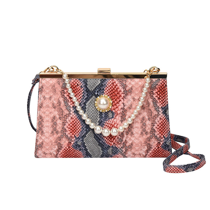 Elegant Pearl-Embellished Snakeskin Clutch Bag