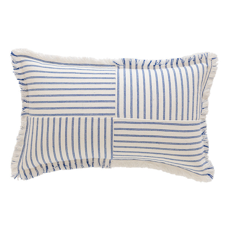 Decorative Rectangular Striped Patchwork Throw Pillow with Fringed Edges