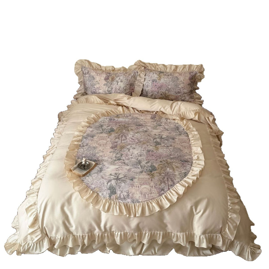 Romantic satin bedding set with ruffle and fine toile print