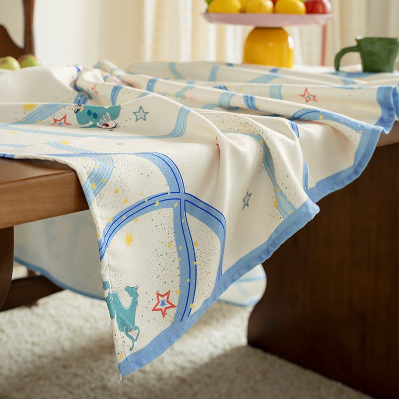 Rectangular cotton blend tablecloth with playful stripe and animal print