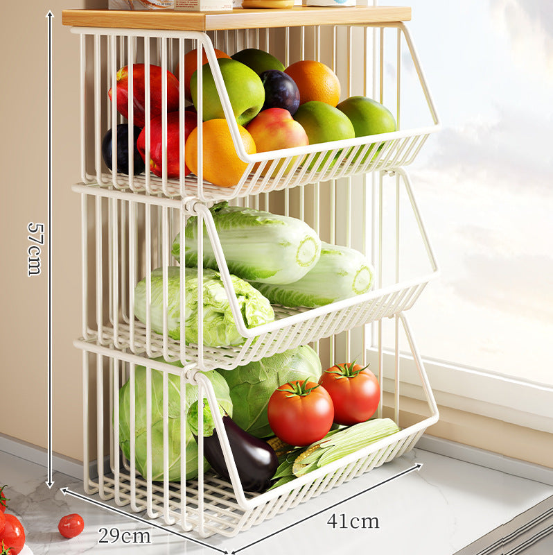 Countertop Wooden Top Metal Wire Fruit and Vegetable Storage Rack