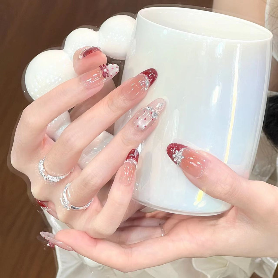 Artistic Long Stiletto Press-On Nail Set with Bow and Gemstone Accents Kalsten