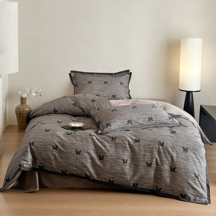 Duvet cover set with fine check pattern and subtle floral relief made of cotton blend