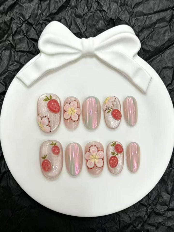 Artistic Press-On Nail Set with Floral and Berry Design