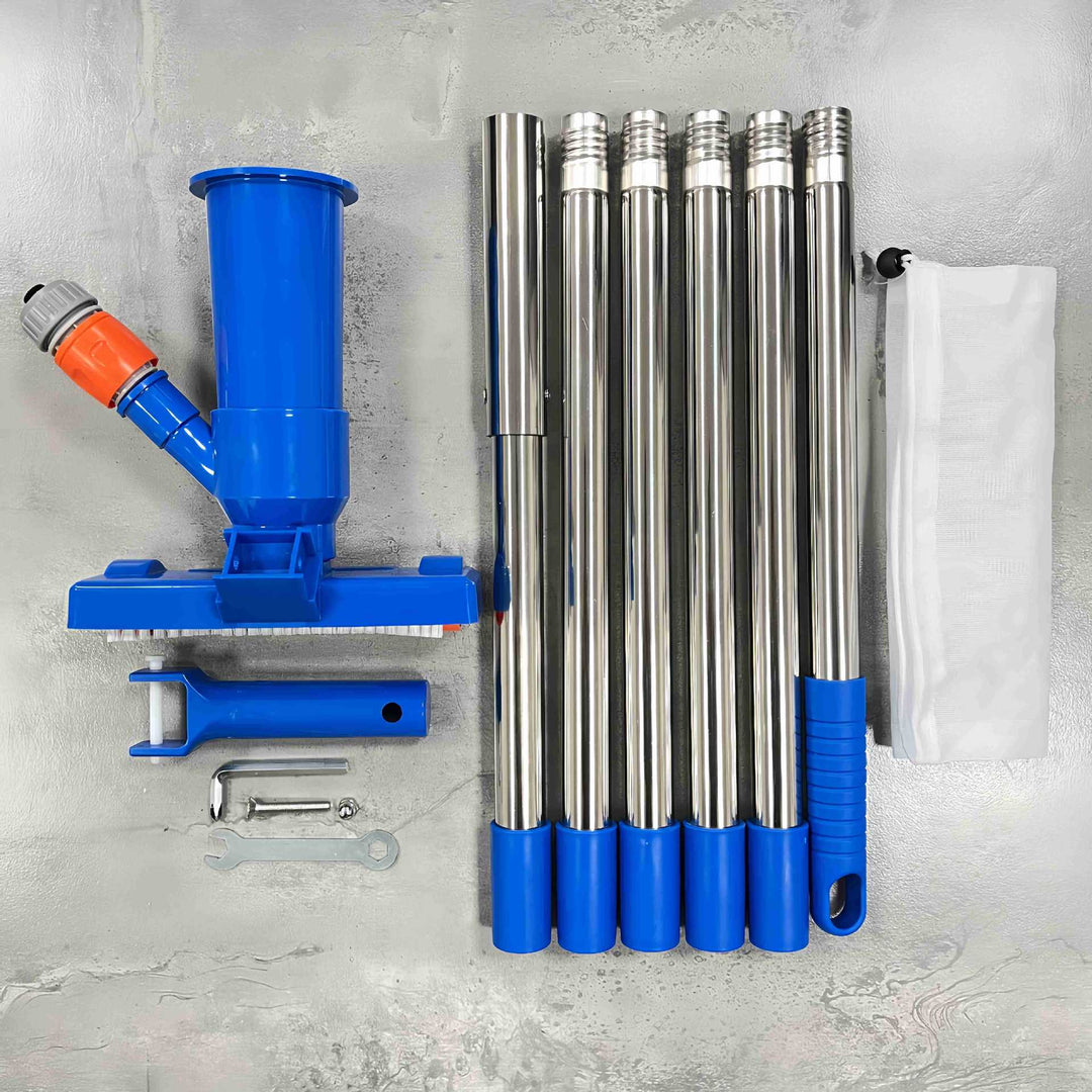 Telescopic stainless steel pool vacuum kit with brush head and fine mesh leaf bag Kalsten