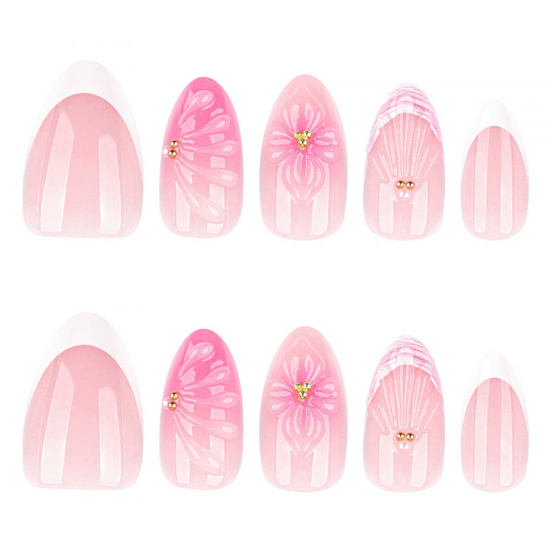 Artistic Floral Press-On Nail Art Set with Shell and Gem Accents Kalsten